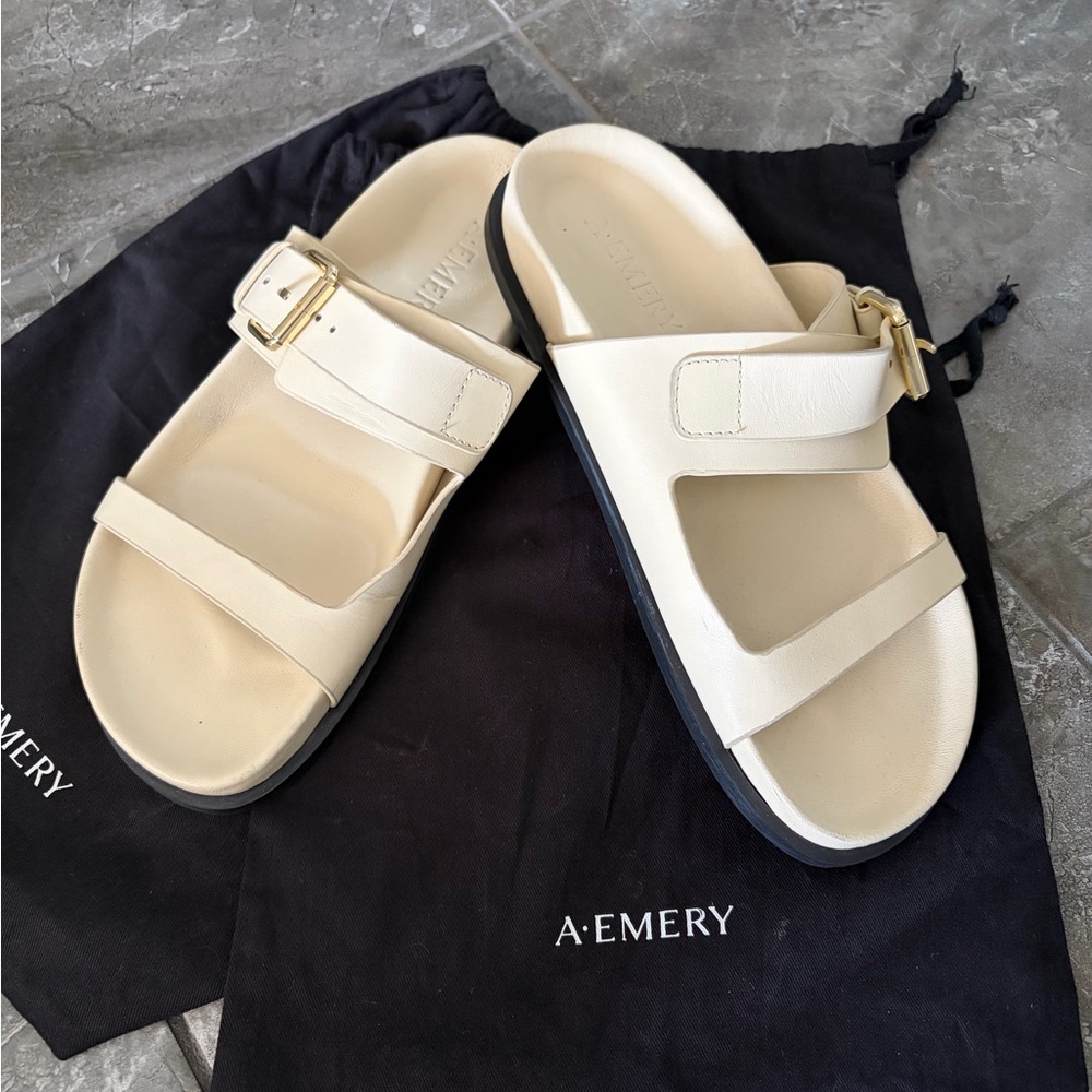 A.EMERY Cream Leather Slide Sandals with Gold Buckle